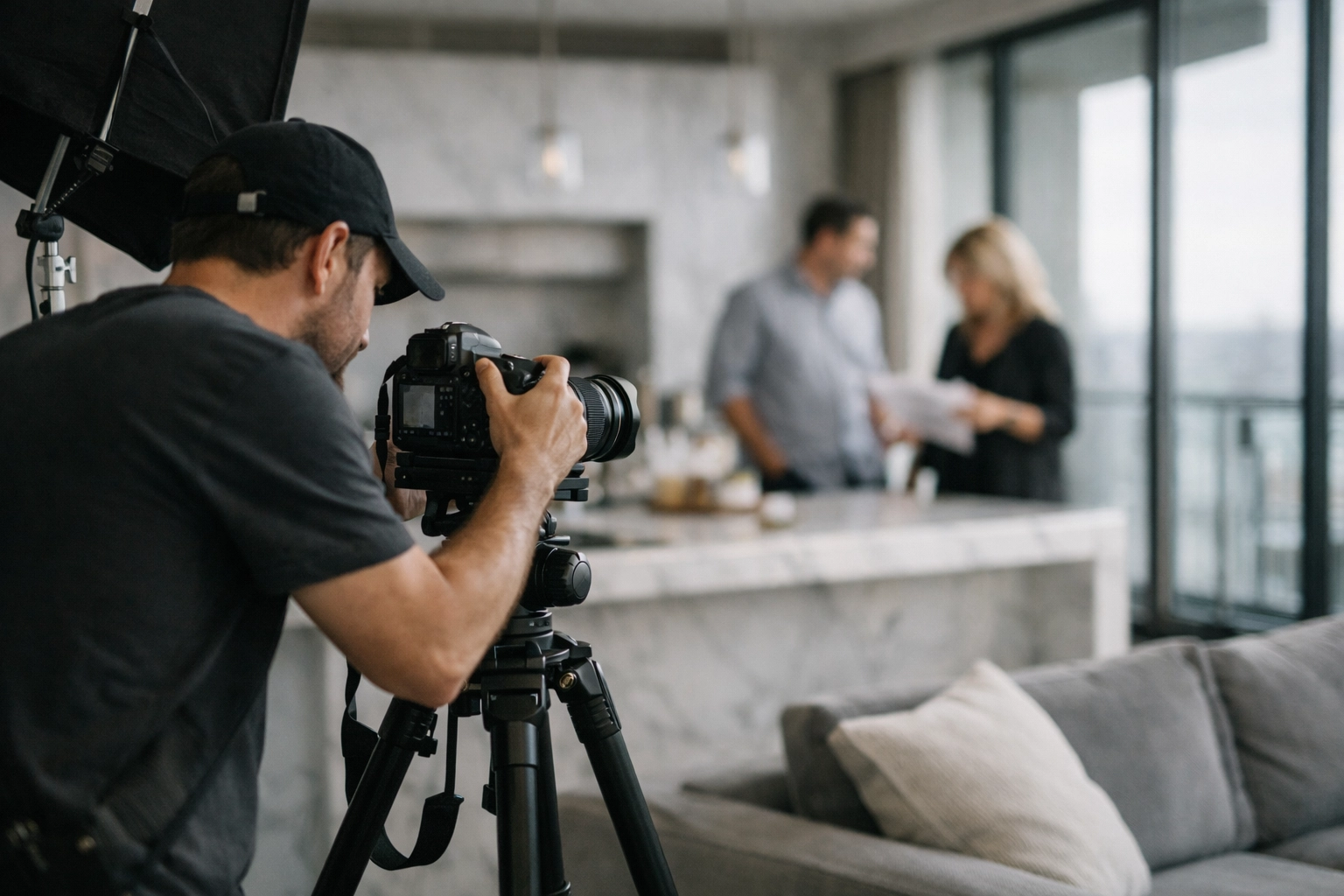 Professional photographer on a high-end interior shoot collaborating with clients and stylists.