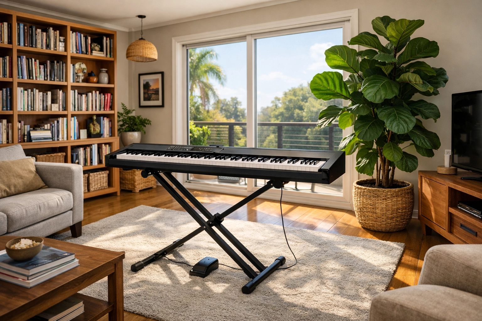 A sleek 88-key digital piano in a Tallahassee home for adult piano lessons practice.