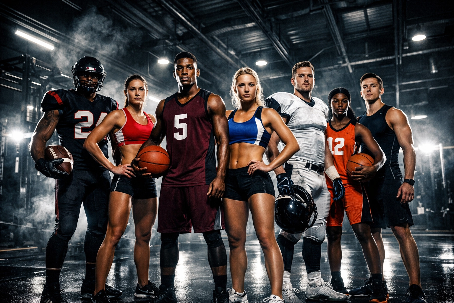 A diverse group of college athletes in a training facility representing the scale of the NIL Super Bowl Blitz.