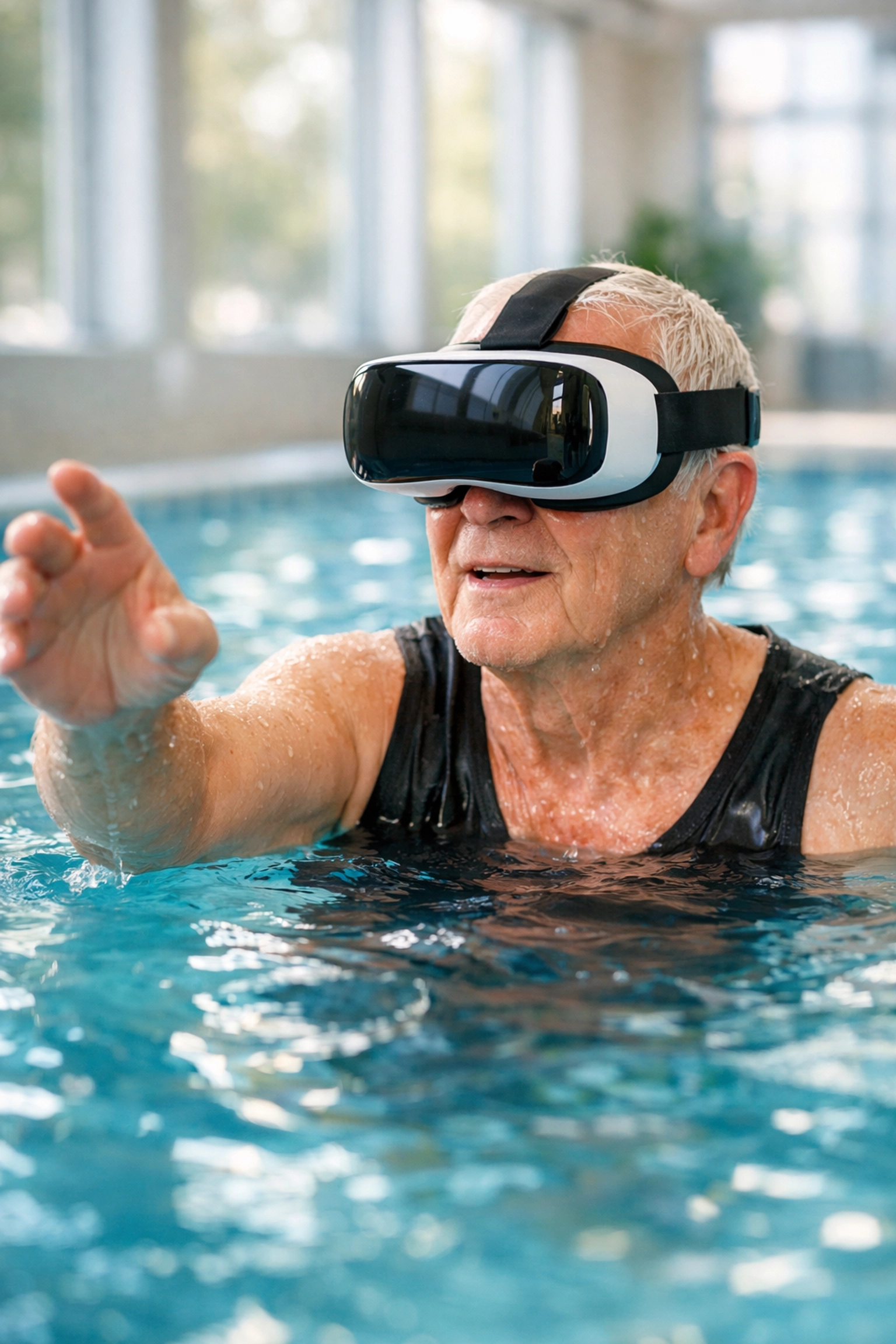 Senior patient using a VR headset for neuro-rehabilitation in a Venice FL aquatic therapy pool.