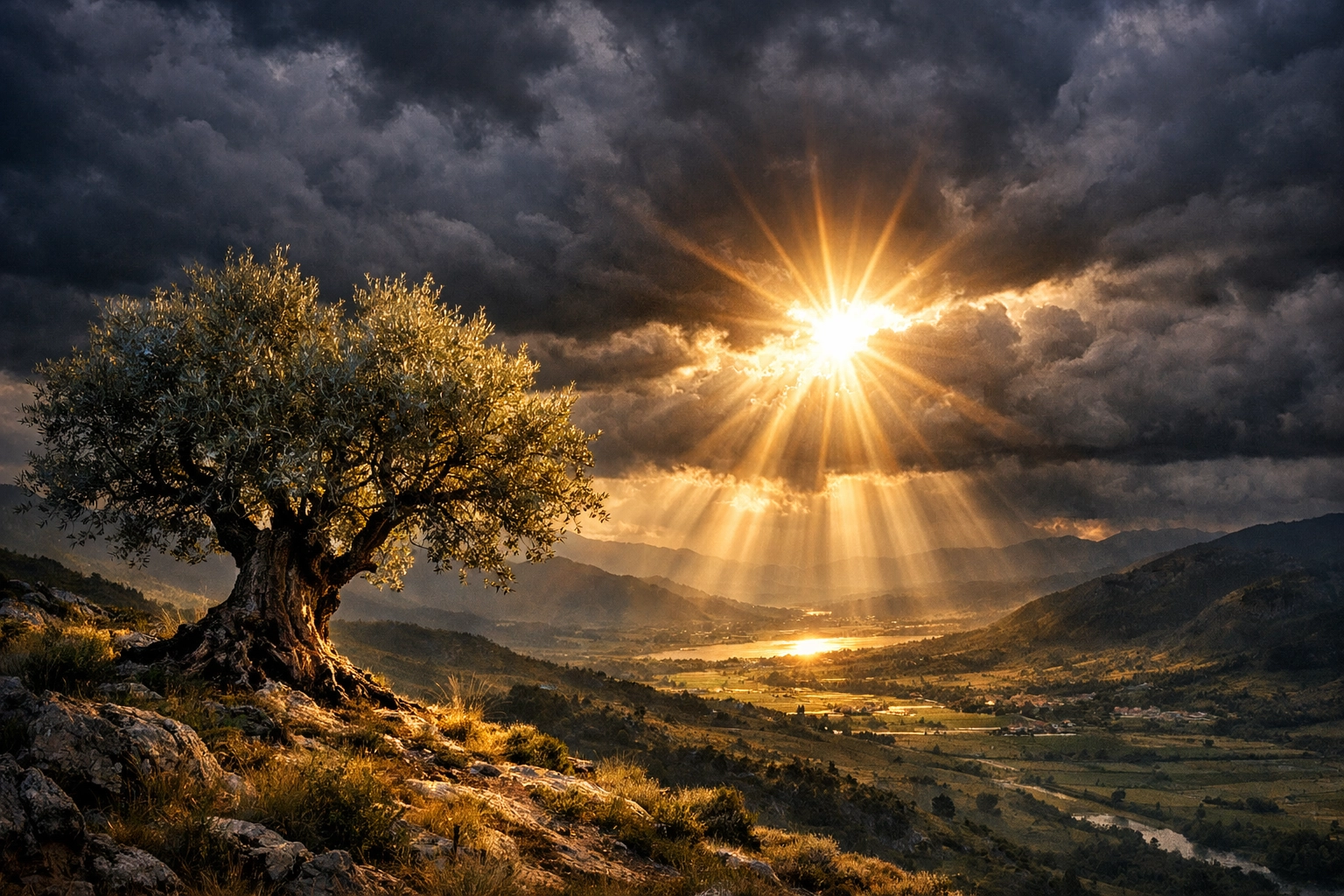 Sunlight breaking through storm clouds over an olive tree, representing God’s peace and sovereignty in the world.