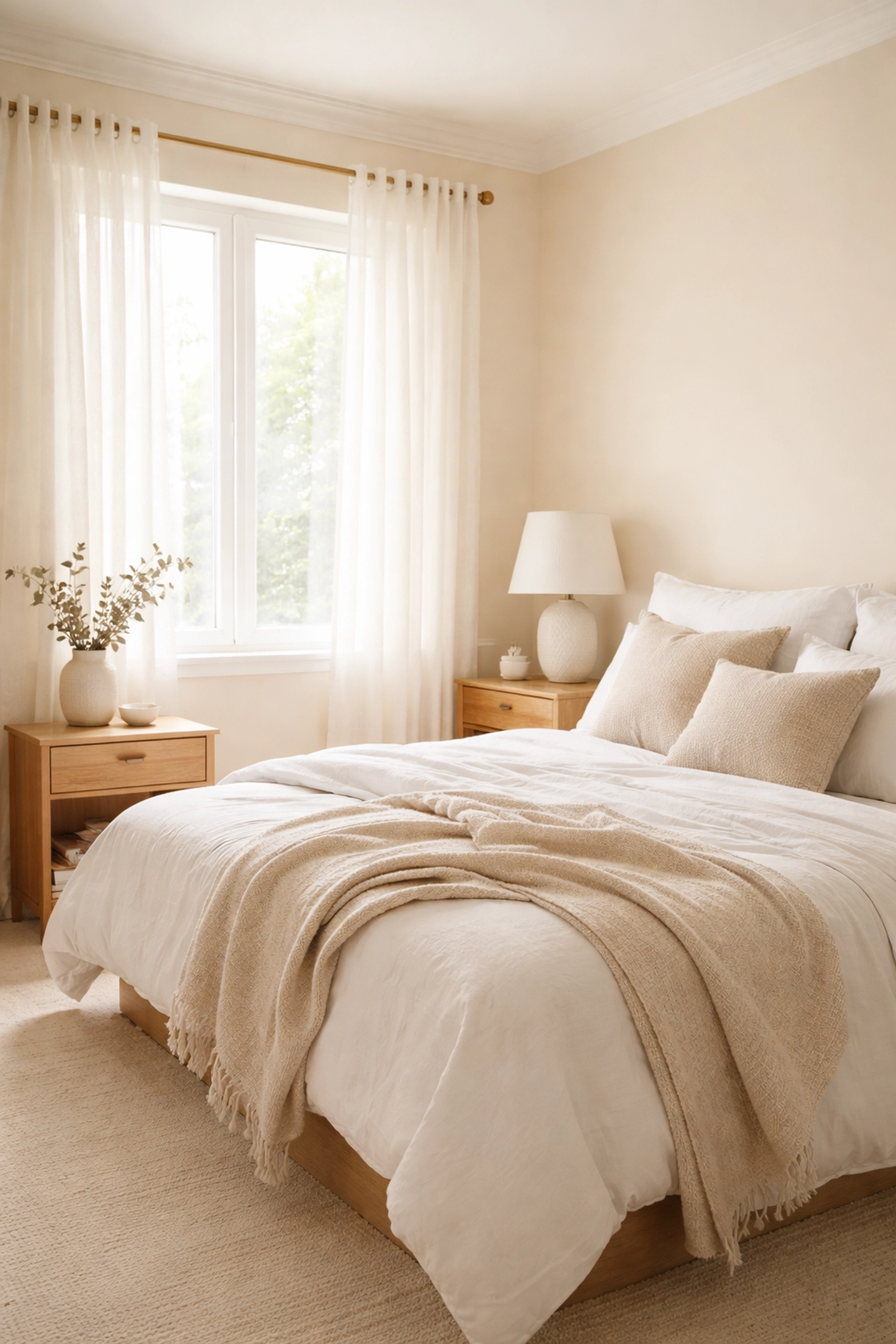 Atlanta bedroom with warm cream walls, soft textiles, and morning light, showcasing calming interior painting trends.