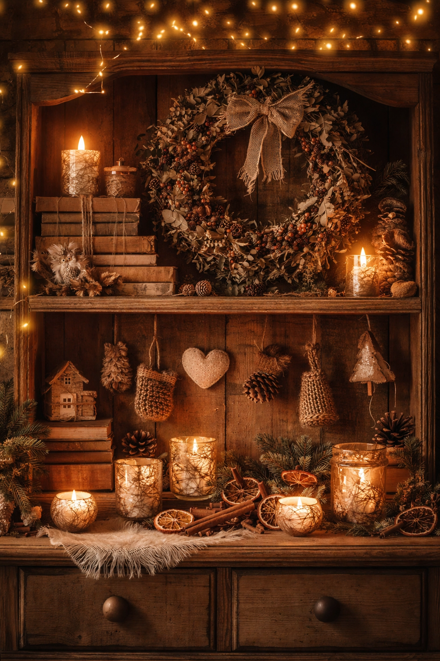 Vintage wooden hutch with handcrafted holiday decor, artisan candles, and a handwoven wreath for seasonal gifting.