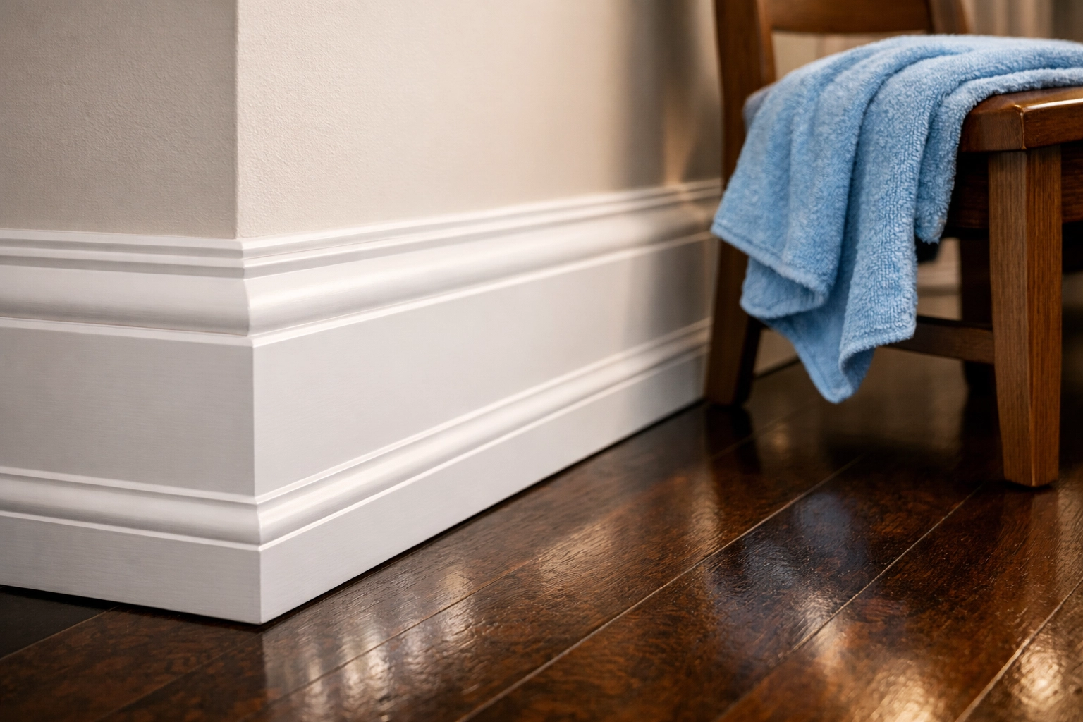 Clean white baseboards and polished hardwood floors following professional residential cleaning in Duxbury.
