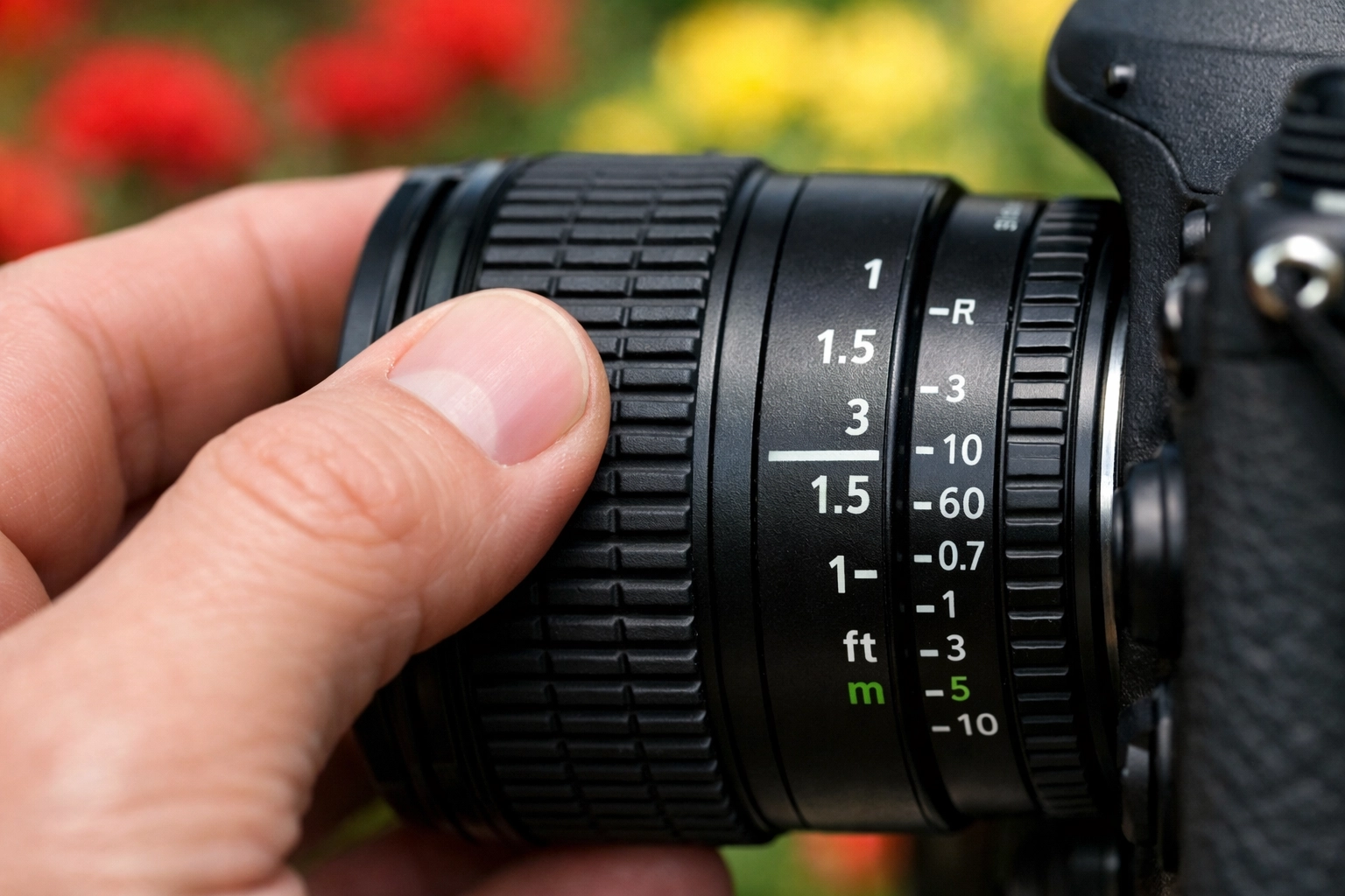 Hands adjusting a lens to practice portrait photography techniques and manual mode focus.