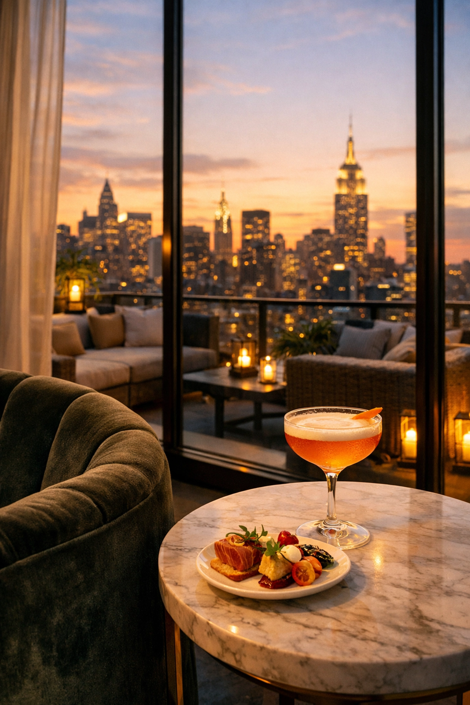 Exclusive city rooftop lounge view with a cocktail, highlighting elite concierge access.