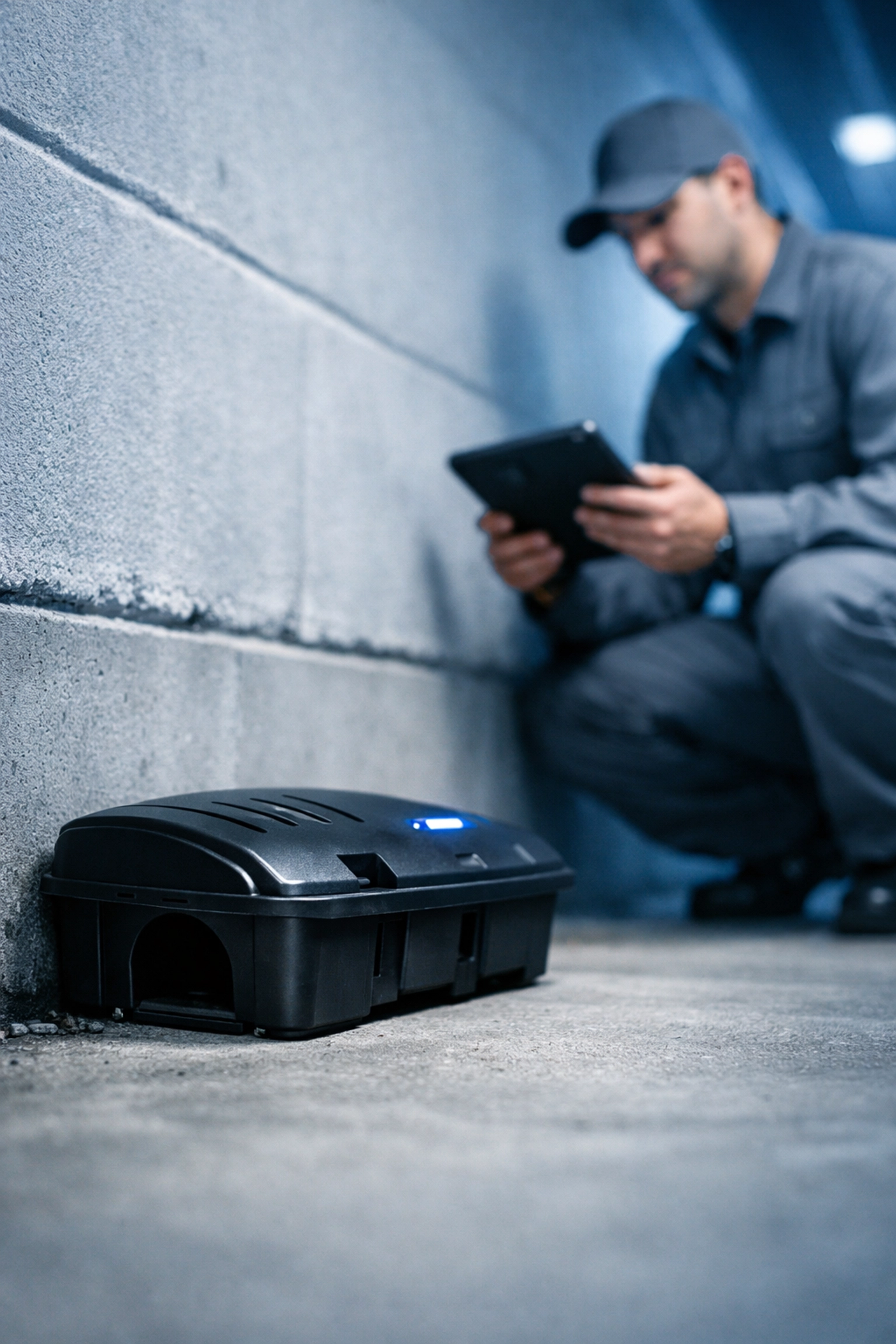 Professional rodent monitoring station installed against a foundation by expert exterminators in Yonkers.