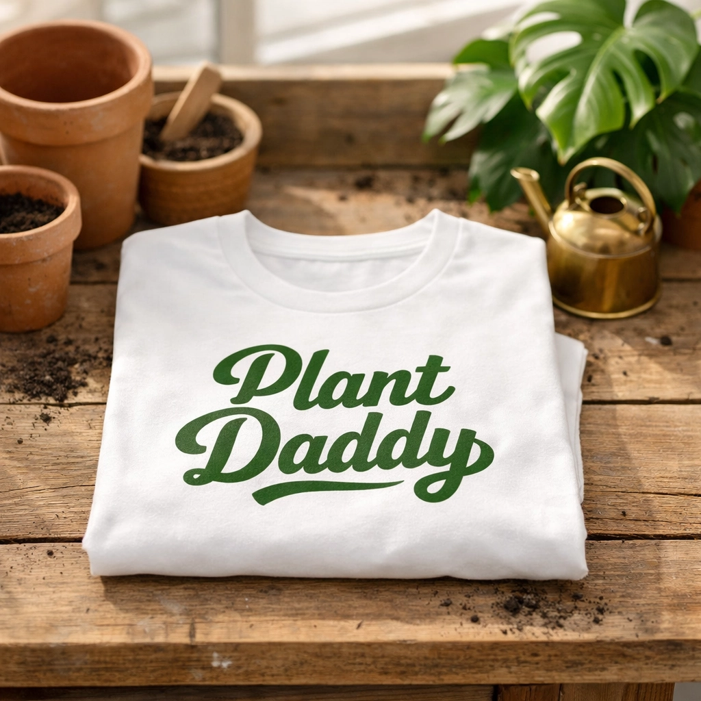 'Plant Daddy' gardening t-shirt for men displayed on a potting bench with houseplants and terracotta pots.