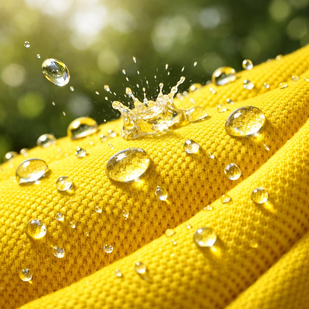 Close-up of moisture-wicking performance fabric for landscaping apparel showing water beading and breathability.