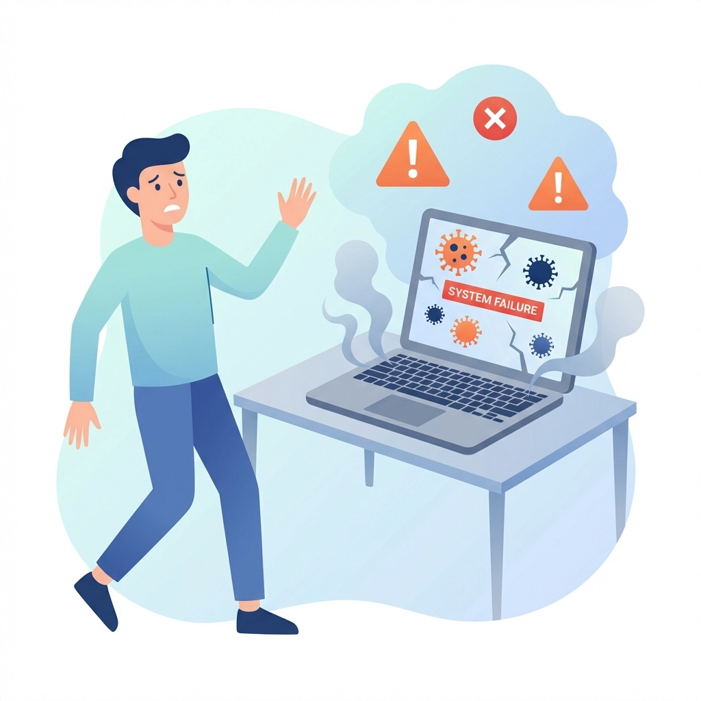 Worried user stepping away from smoking laptop with warning symbols, highlighting signs for professional computer repair