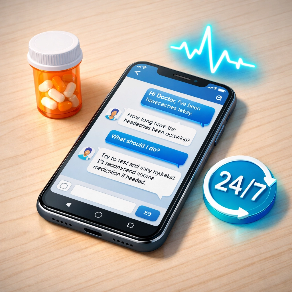 Secure online medical chat on a smartphone with a prescription bottle and 24/7 doctor access icons.