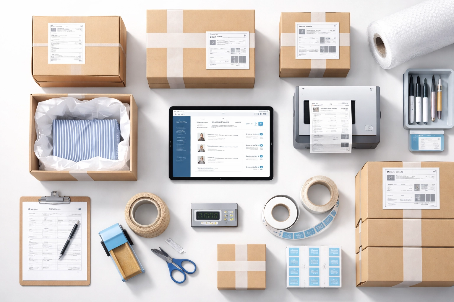Organized e-commerce fulfillment workspace with shipping boxes and inventory tablet, representing operational excellence in online businesses.