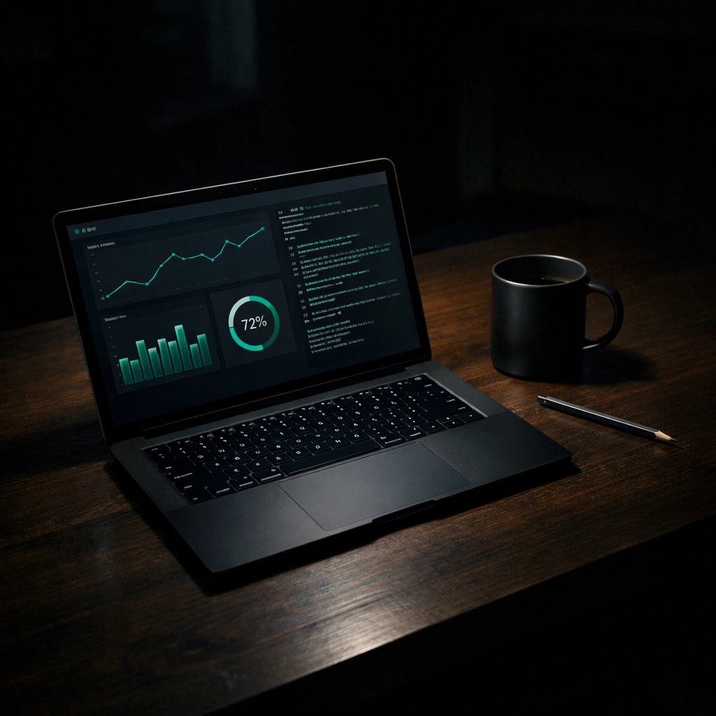 A laptop on a dark desk showing research-based sales data for a startup founder using an AI SDR.