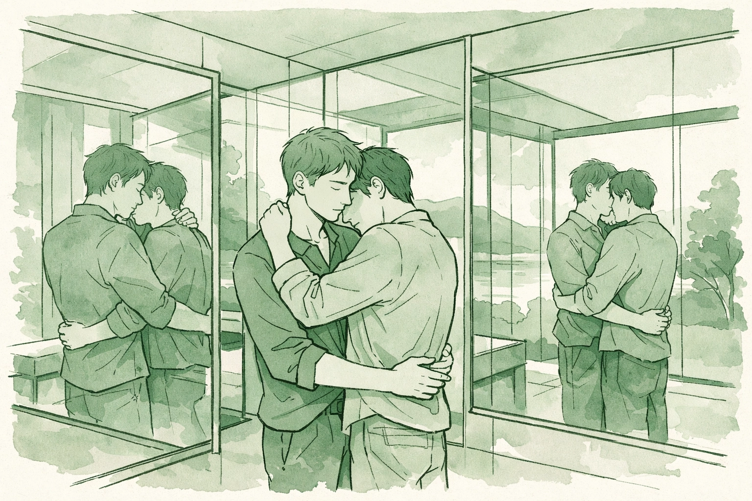 Gay couple embracing in glass-walled house surrounded by mirrors and reflections