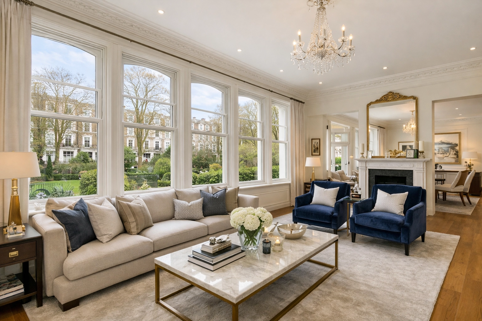 Luxury SW10 apartment featuring integrated secondary glazing on large windows overlooking a garden square