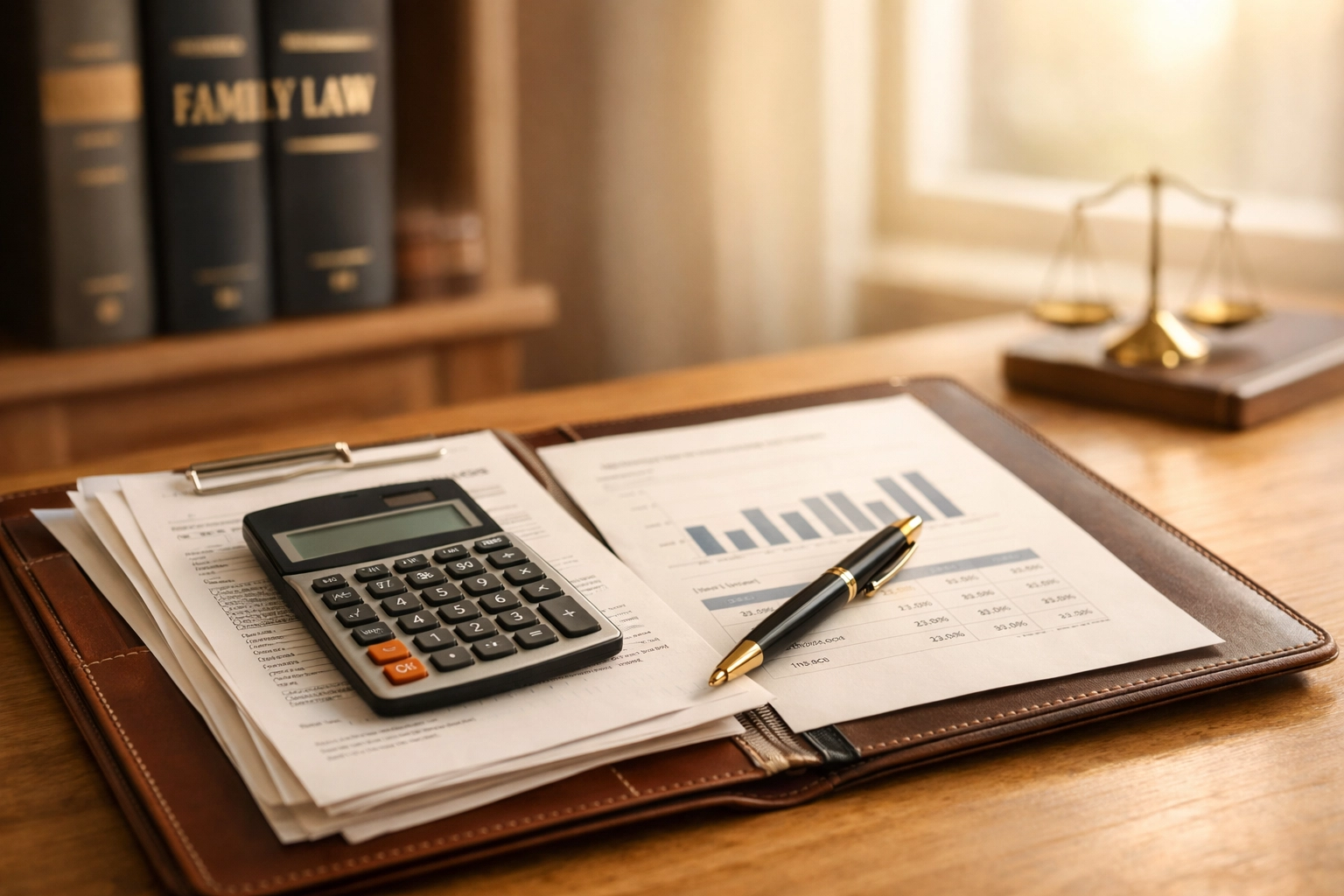 Financial documents and calculator on desk for Virginia high-income child support calculation