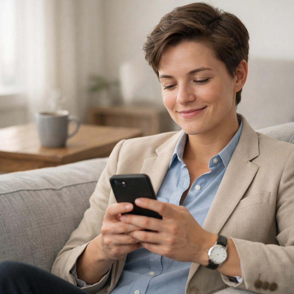 Person applying for a cash loan online in Canada using a smartphone on a living room sofa.