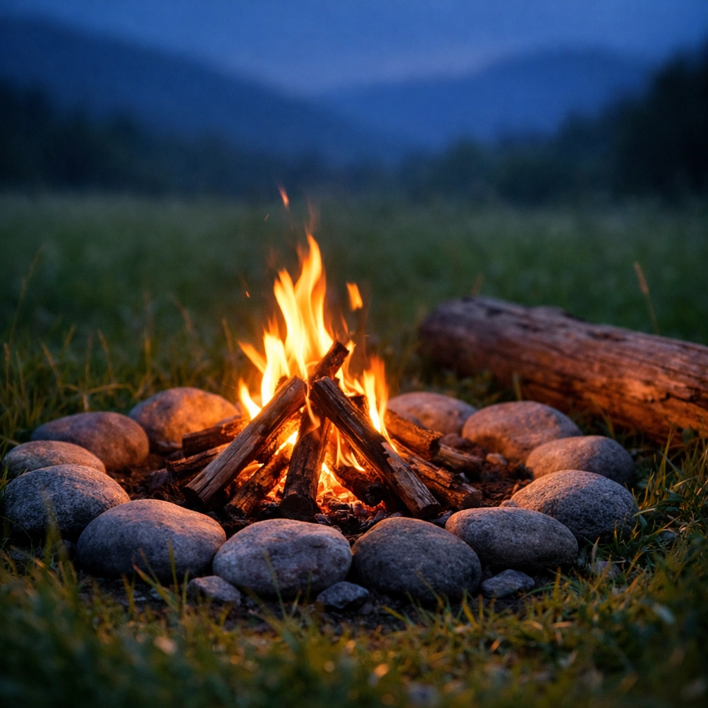 A safely contained campfire in a stone circle at twilight, showing outdoor survival skills for UK wild camping.