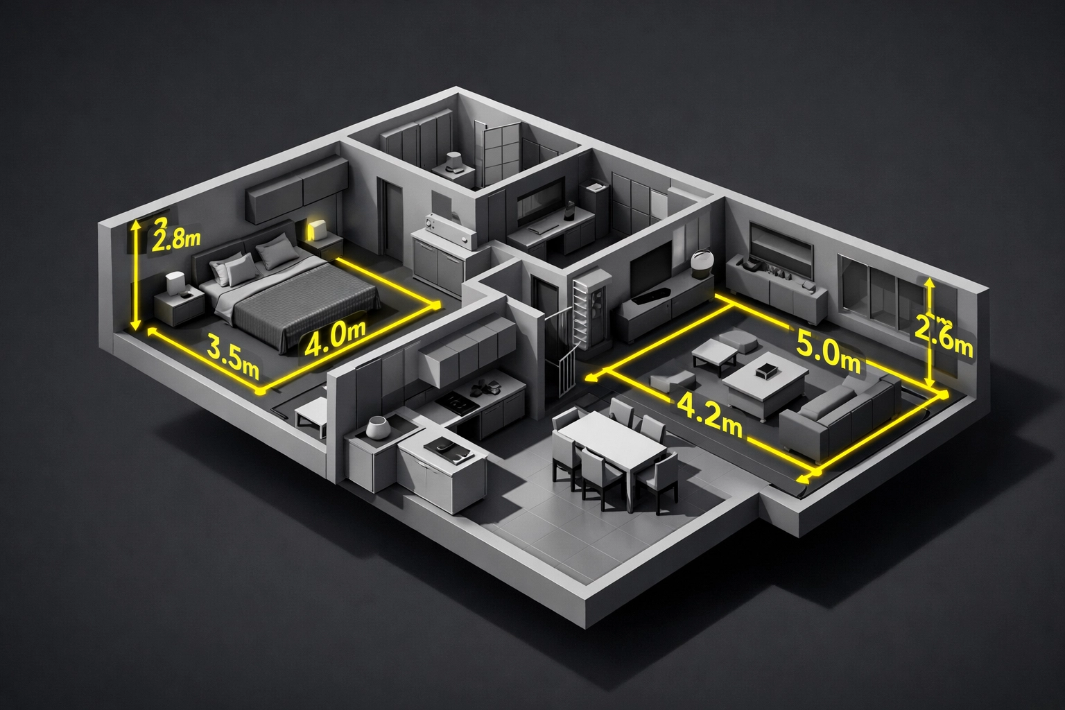 Interactive 3D dollhouse floor plan with precise measurements for transparent property marketing.