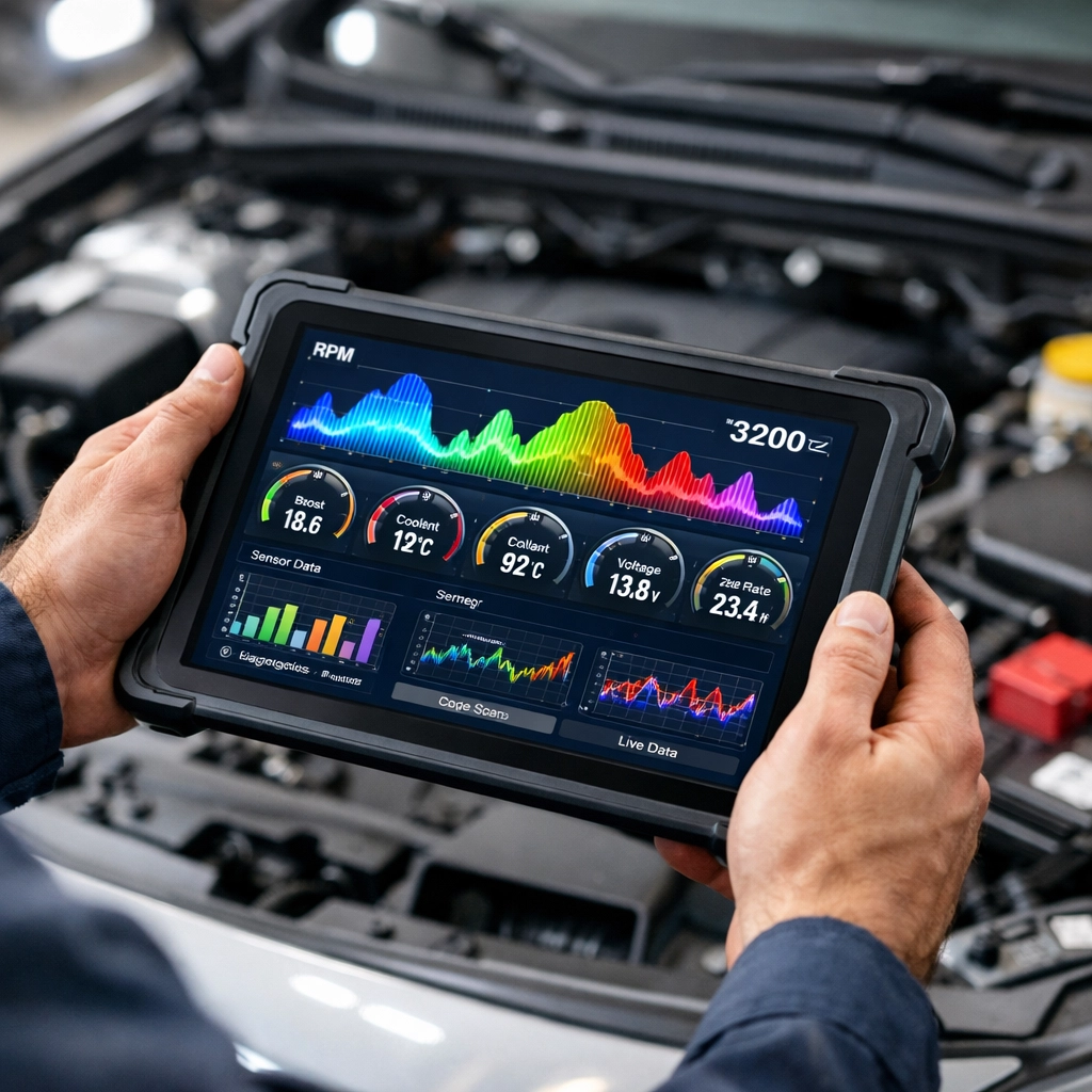 Mechanic using a diagnostic tablet for professional engine diagnostics and auto repair in Bonne Terre, MO.