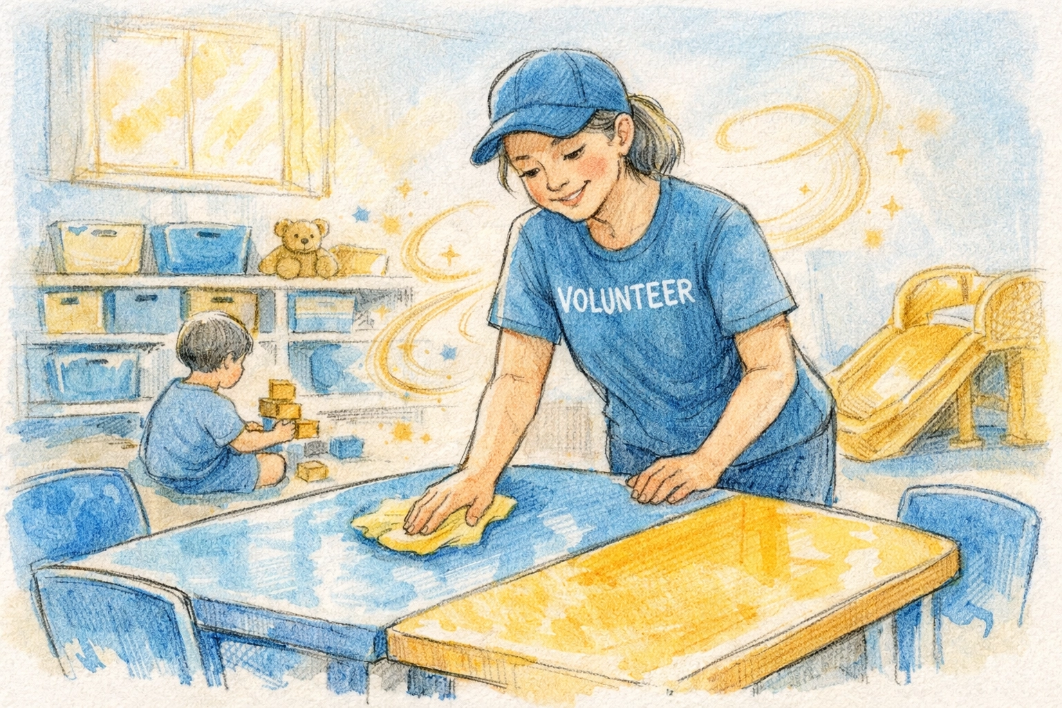 Clean, organized church children's ministry room with volunteer maintaining safe play space