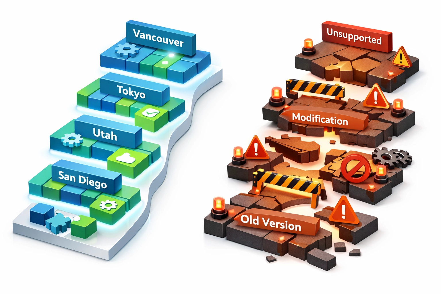 ServiceNow upgrade path comparison: proper pattern extensions vs blocked upgrades from customizations