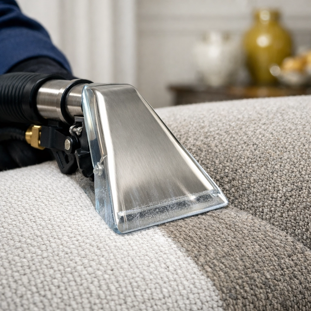 Deep upholstery cleaning in progress with a professional extraction tool on a grey armchair in Lancaster.
