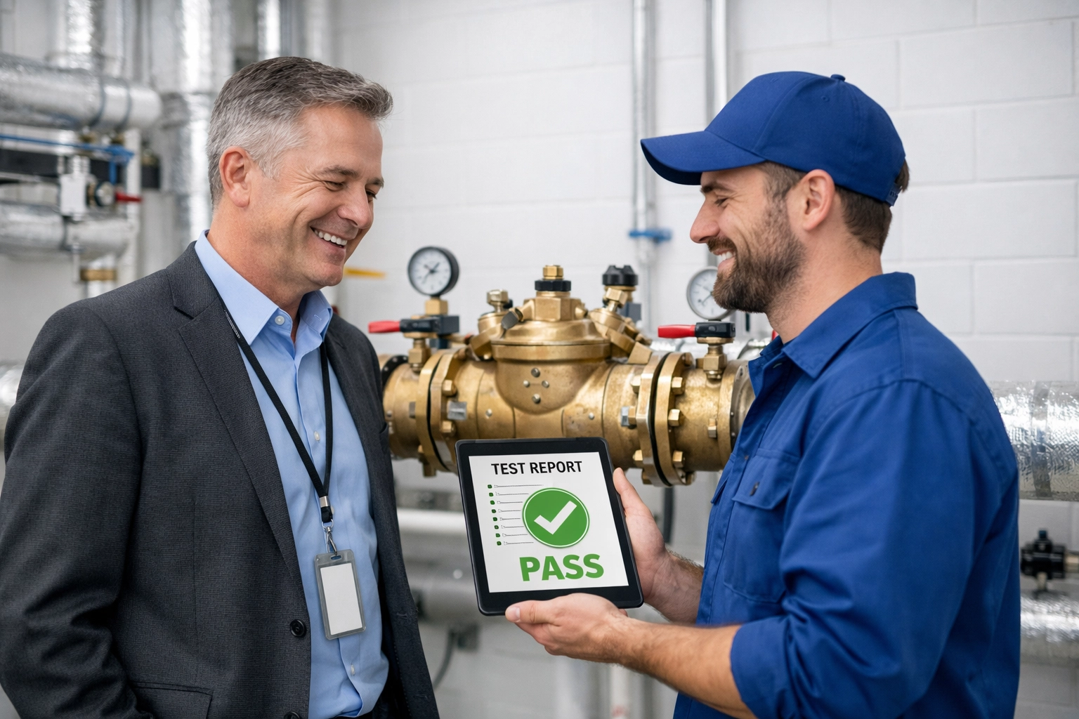 A professional plumber sharing a successful backflow testing report with a facility manager.
