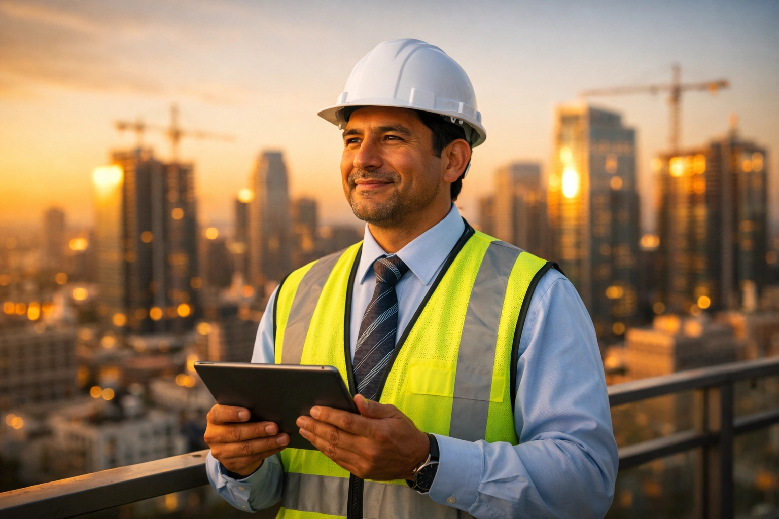 Construction manager in a hard hat overlooking a city skyline, representing growth with invoice factoring.