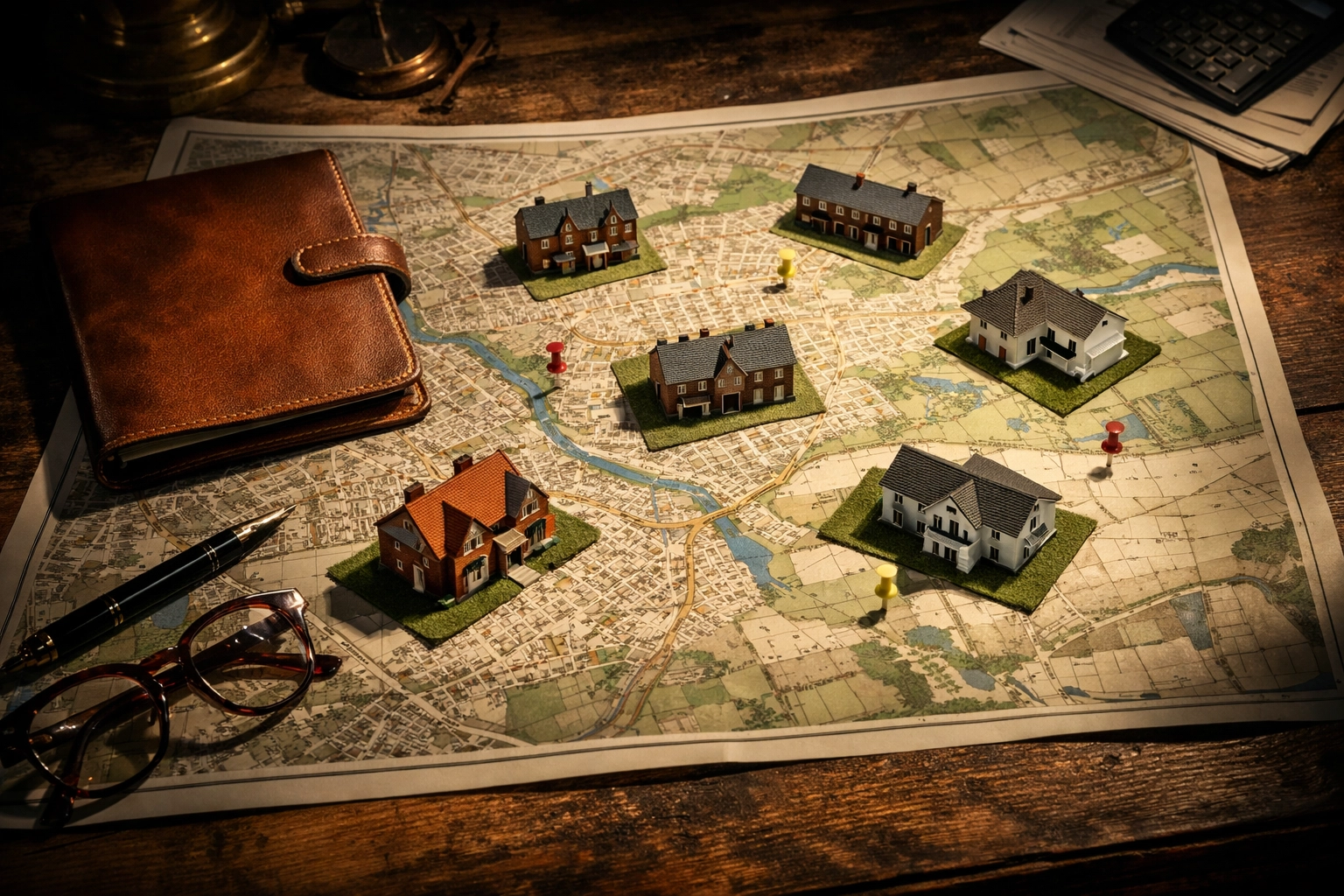 A property investor's desk with a town map and model houses planning an HMO exit strategy.