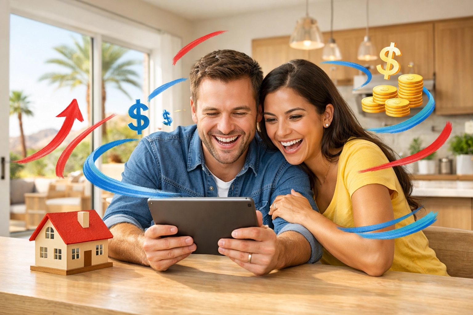 Happy Phoenix couple celebrating savings from a flat fee realtor package at home. Happy Phoenix couple celebrating savings from a flat fee realtor package at home.