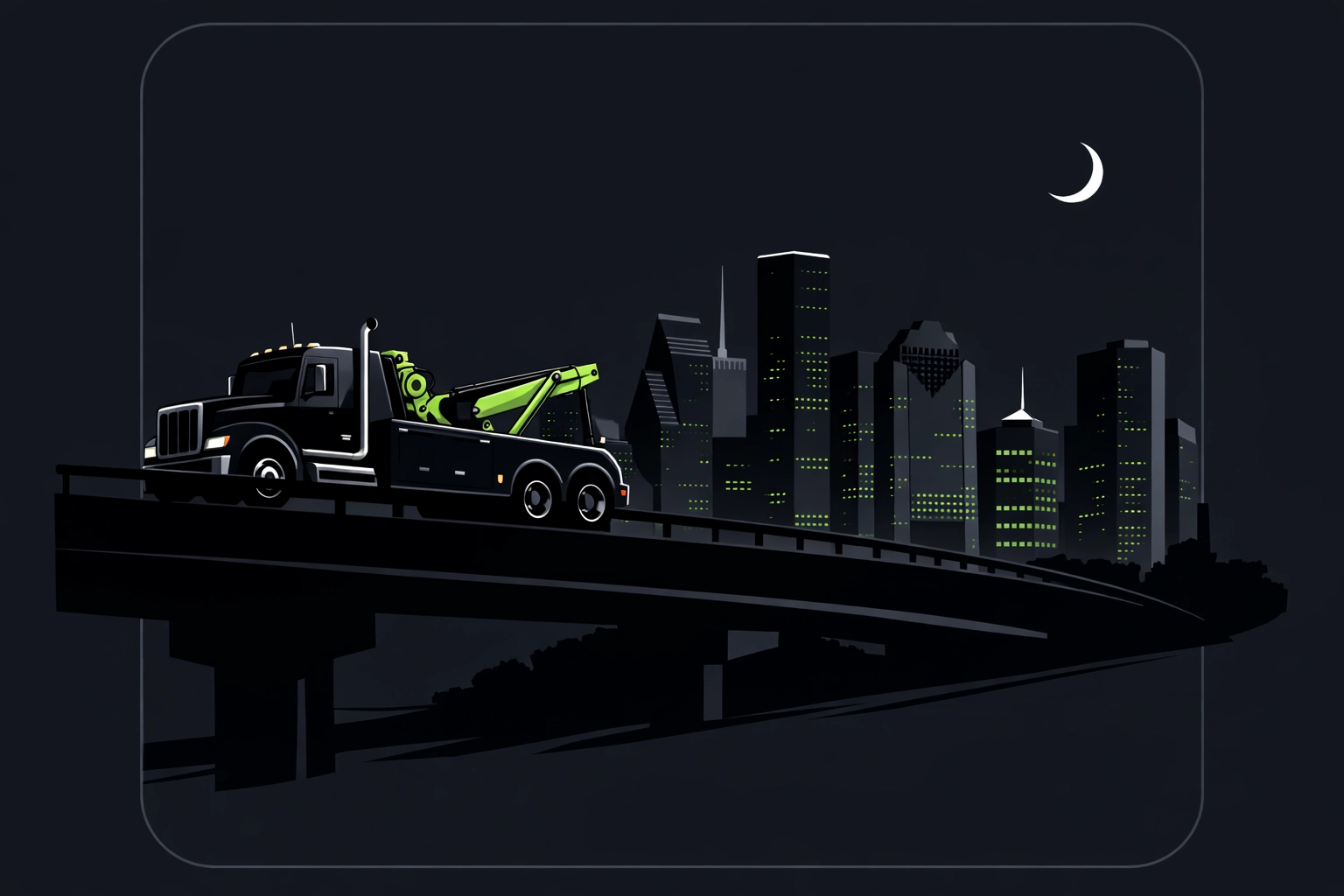 Professional tow truck providing Houston towing services overlooking the city skyline at night.