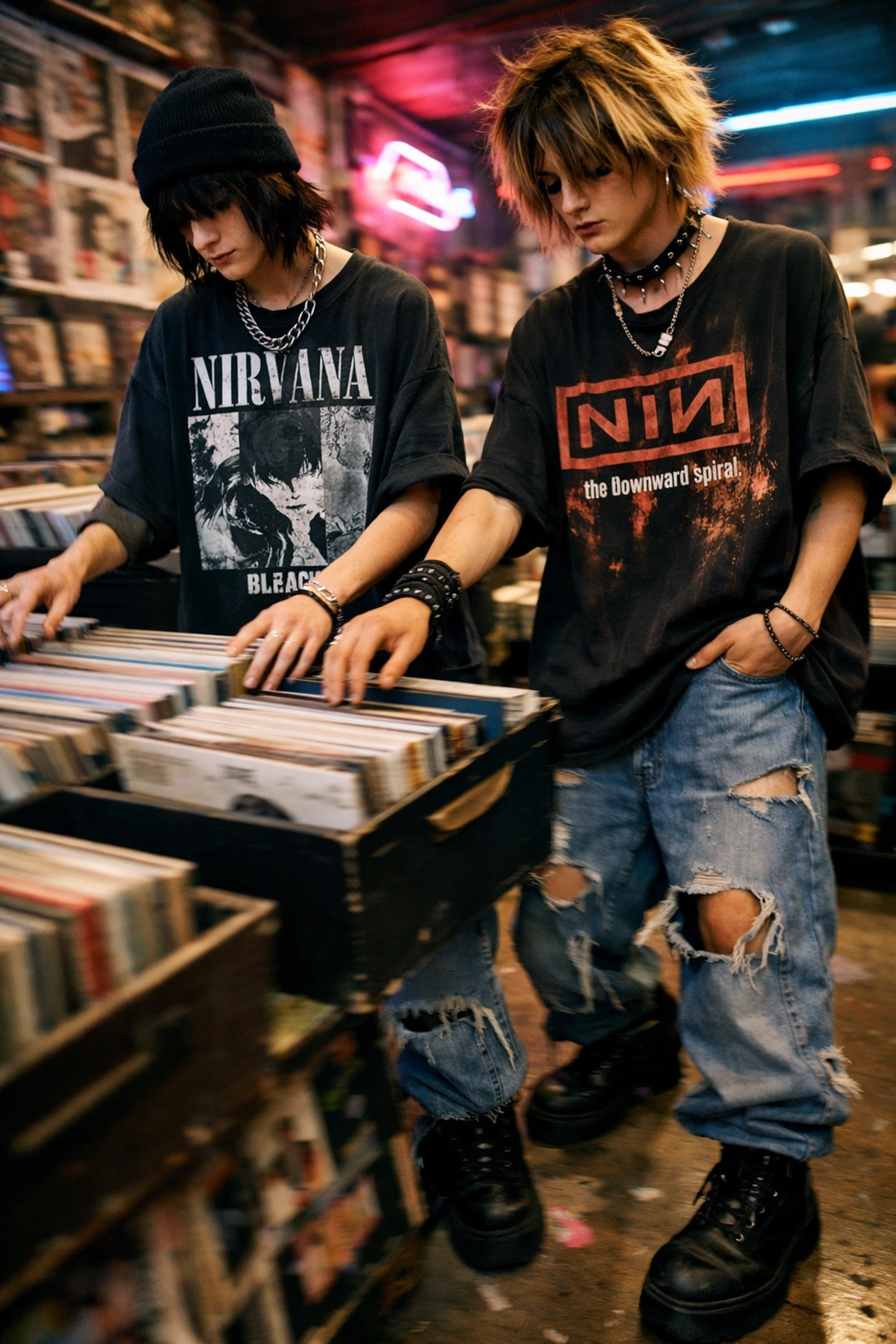 Gender-neutral grunge style with oversized band tees and wide-leg jeans in a vintage record store.