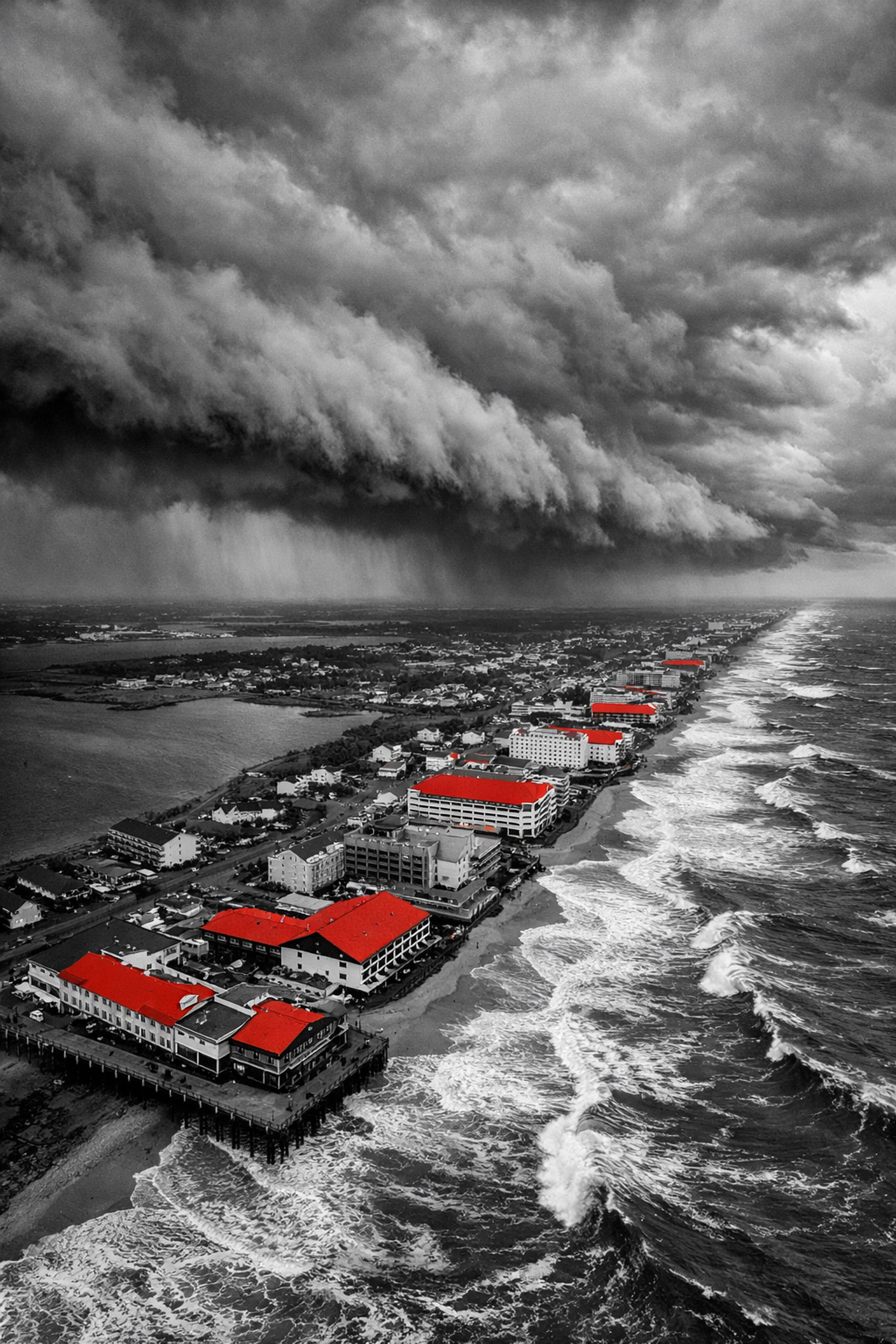 Nor'easter storm approaching Delmarva Peninsula commercial buildings and rooftops
