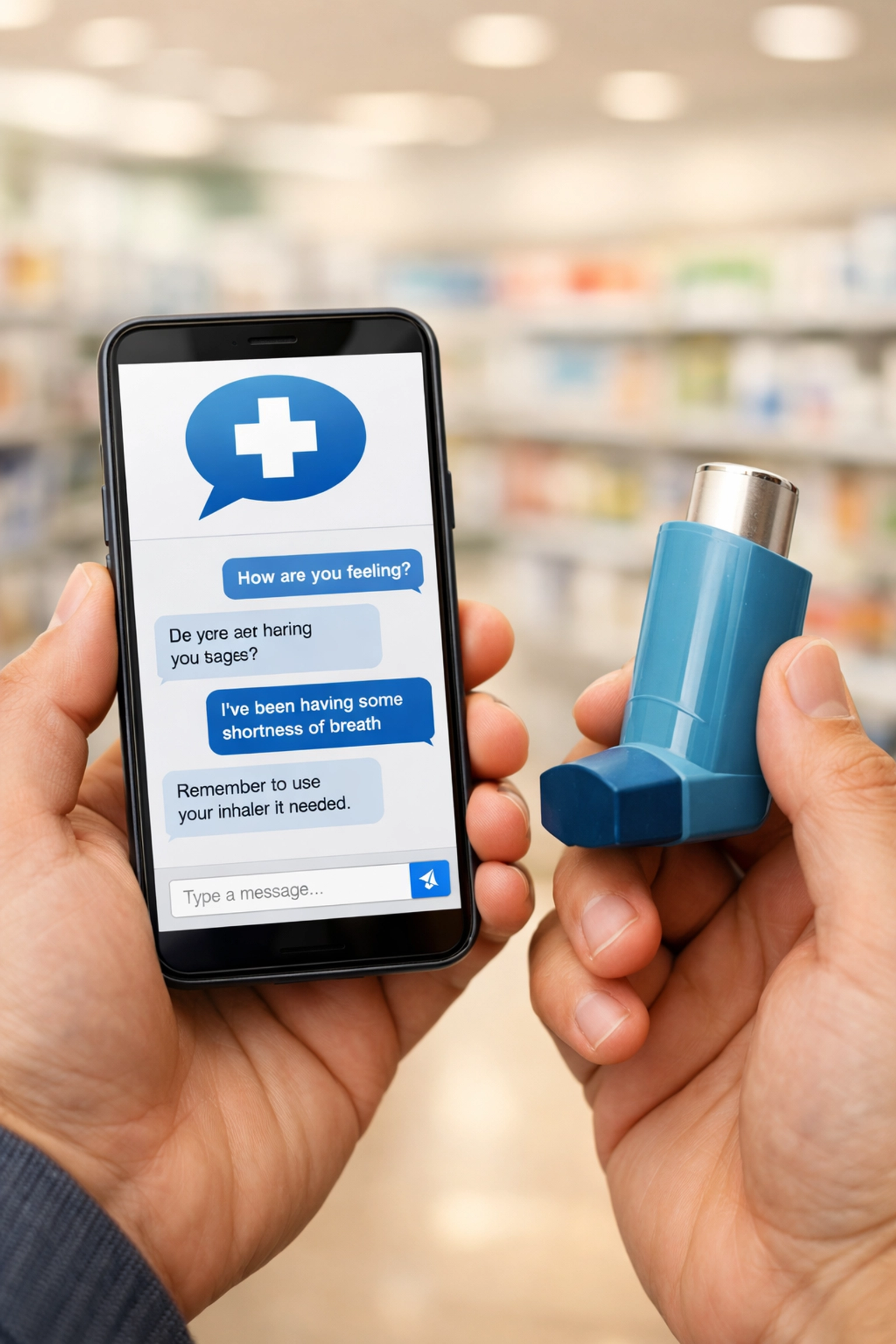 Patient using a smartphone to text a doctor for a same-day asthma inhaler refill at a pharmacy.