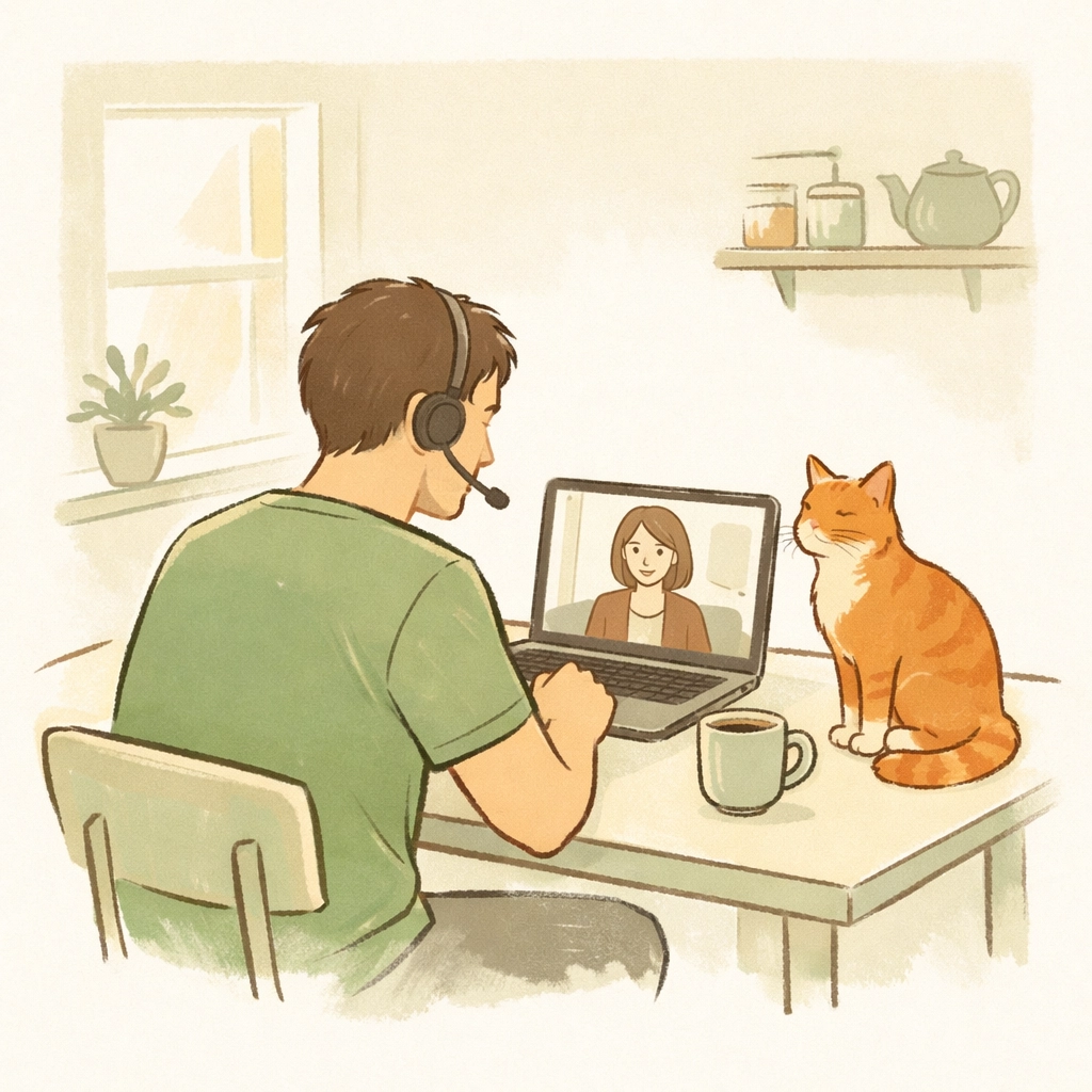 Gay man in online therapy session with supportive cat, self-discovery and healing journey
