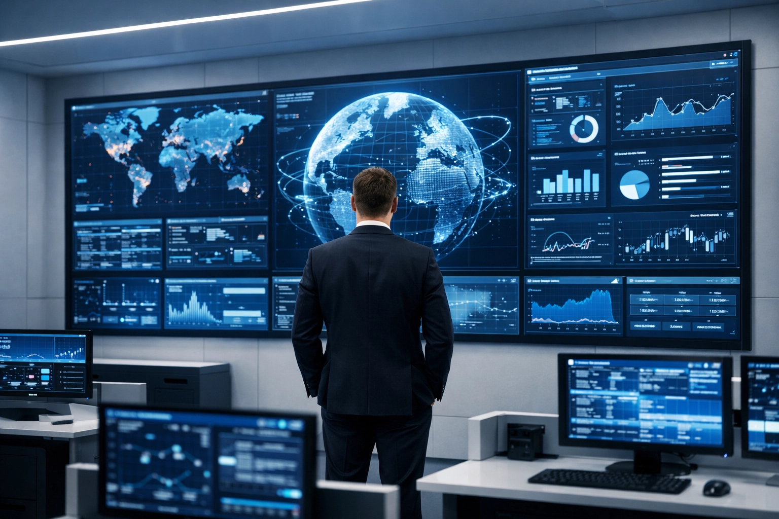 Corporate security center monitoring travel risk management and executive safety protocols.