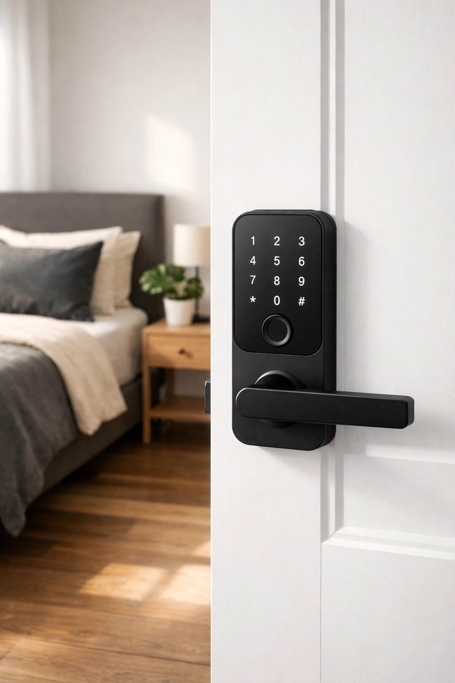 Private bedroom in a Raleigh shared home with a digital smart lock, offering secure and affordable workforce housing.