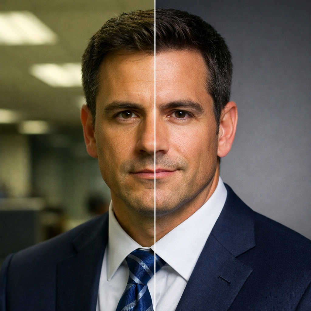 Before and after comparison of amateur versus professional lighting for executive portraits.