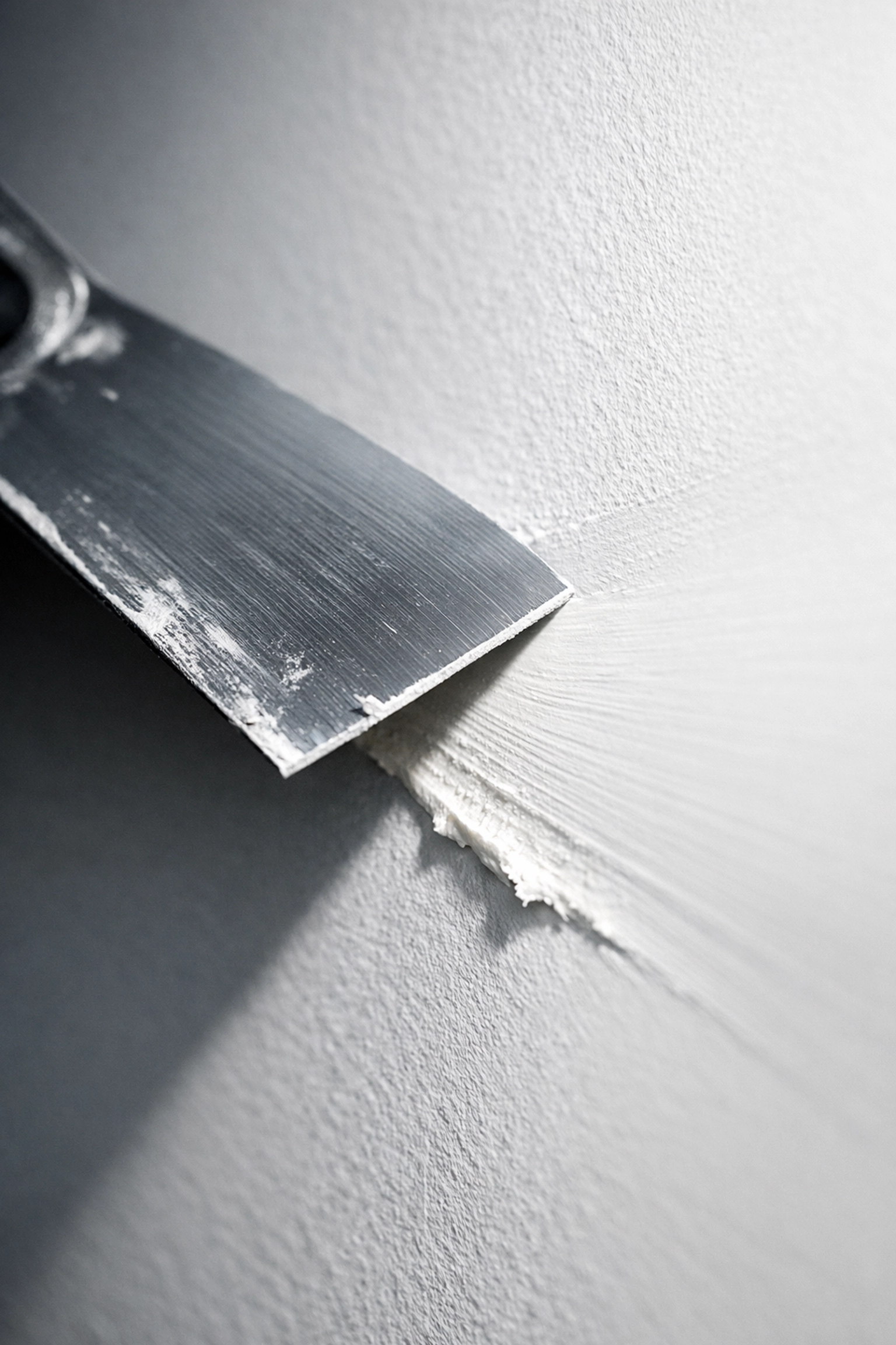 Drywall trowel blade feathering joint compound at proper angle for seamless wall finish