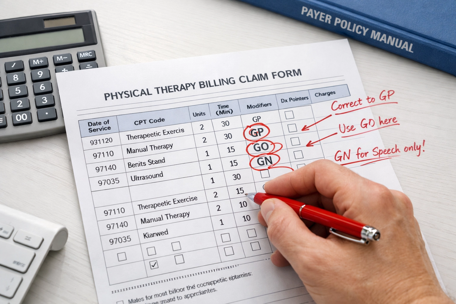 Medical biller reviewing physical therapy claim form with modifier codes and CPT documentation