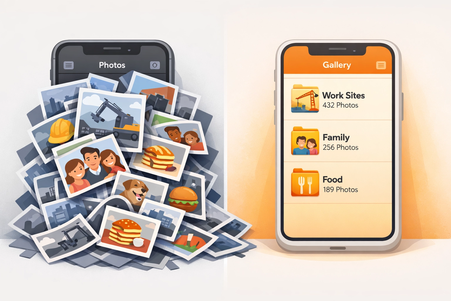 Organized construction photo documentation app versus cluttered phone camera roll for contractors