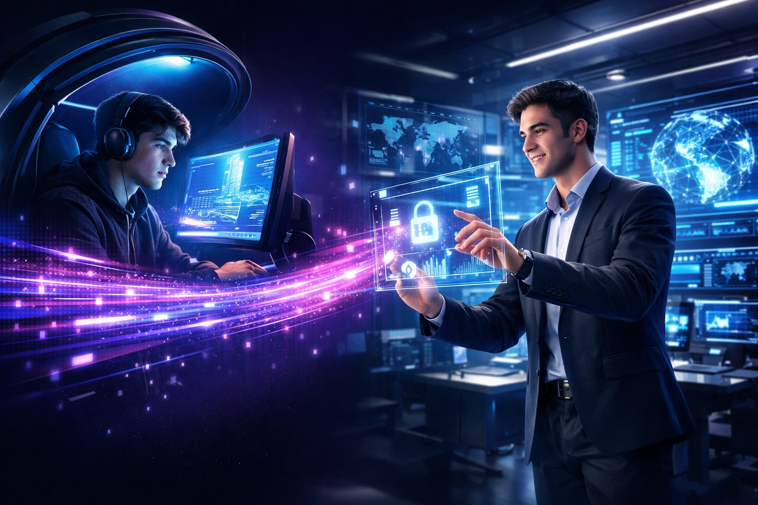 Student using a high-tech simulation pod to develop skills for a professional career in cybersecurity.