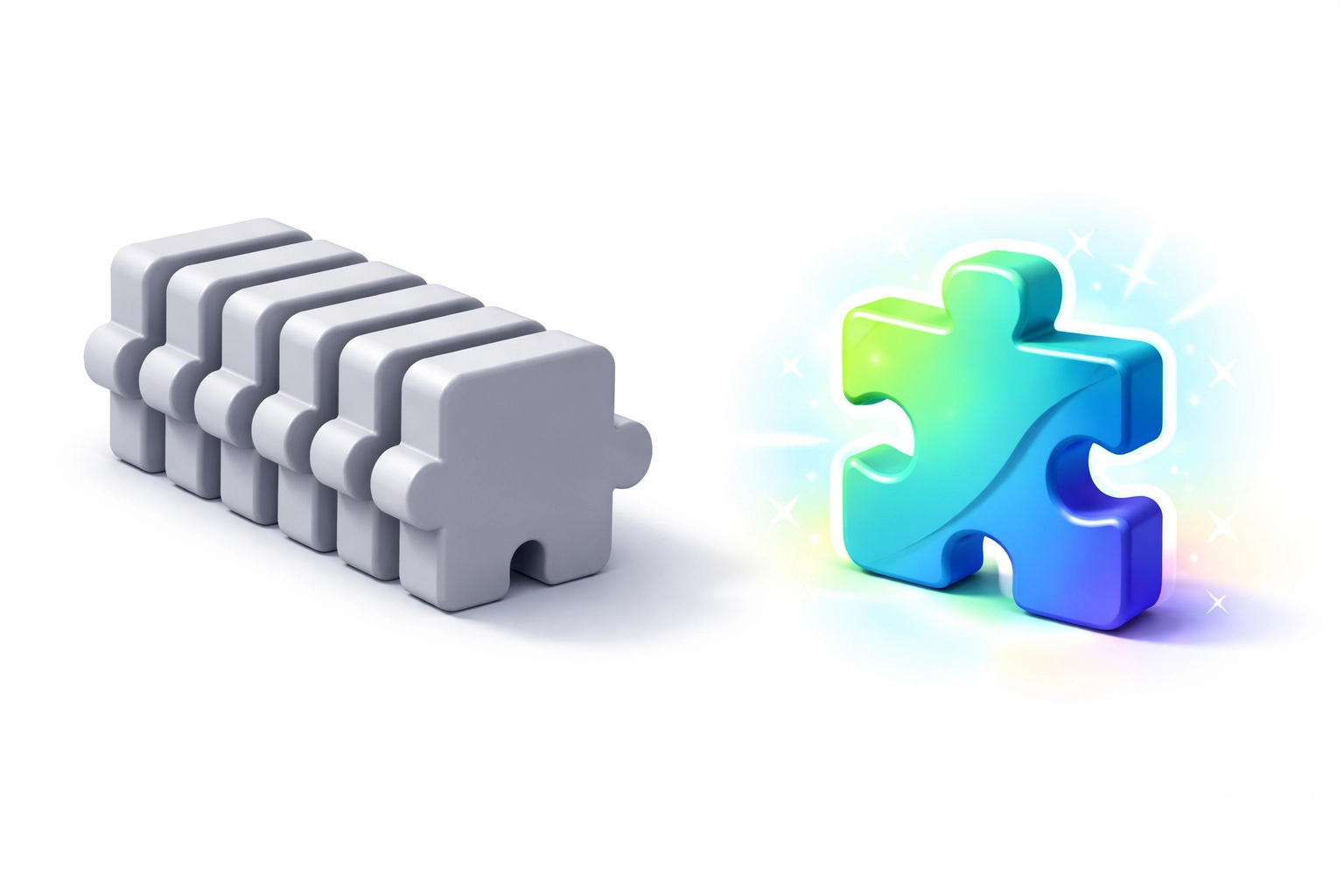 A unique, colorful puzzle piece standing out from identical gray shapes, symbolizing the value of customized marketing strategies over cookie-cutter solutions.