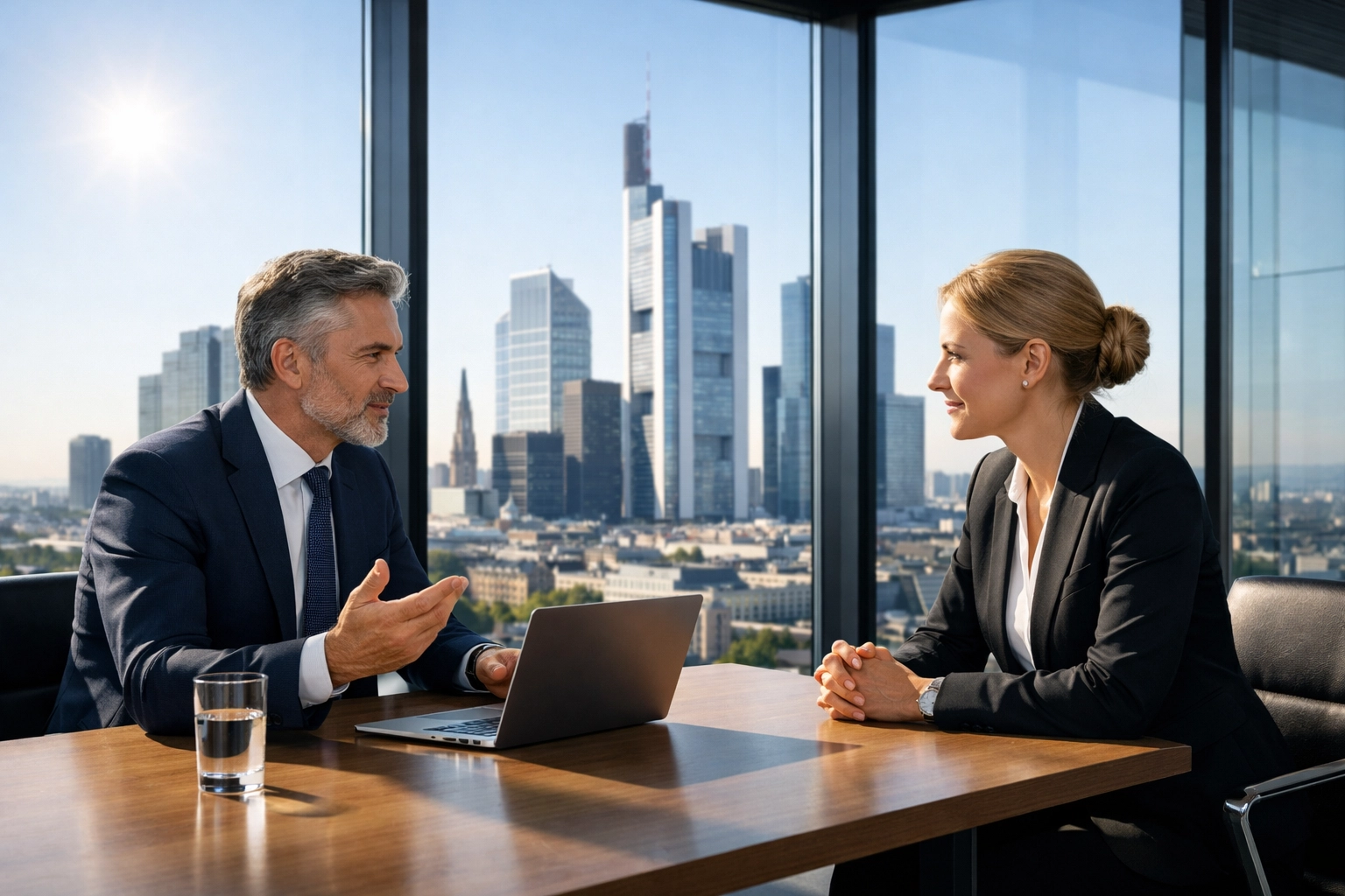 Business executives discussing strategic ESG compliance and ServiceNow ITOM strategies in a modern office.