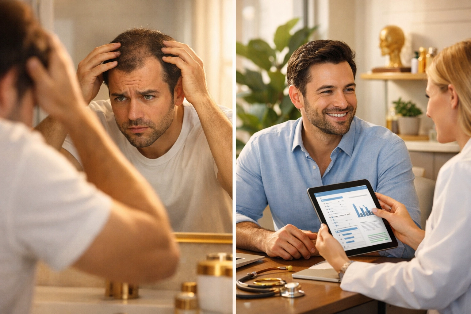 Hair restoration patient transformation showing medical consultation and results