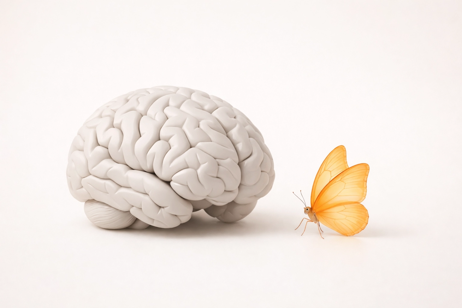 A minimalist brain and butterfly illustrating the link between neurobiology and emotional transformation.