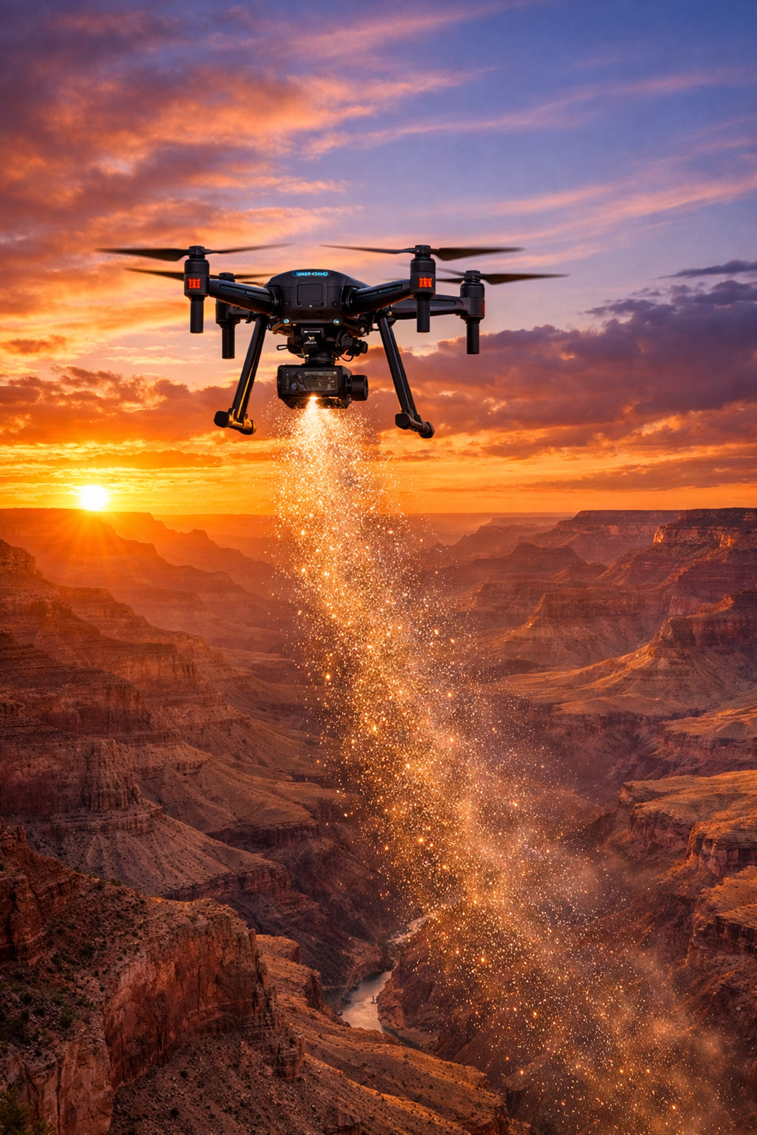 Professional drone ashes scattering over the Grand Canyon, providing a serene final farewell at sunset.