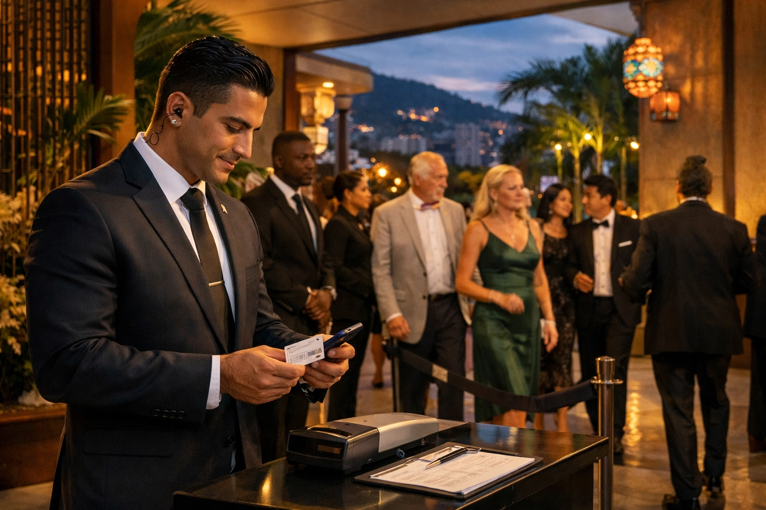 Event security personnel checking credentials at Medellin venue entrance