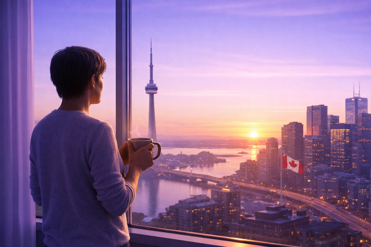 A hopeful person viewing a Canadian city skyline, symbolizing financial growth and life after bad credit.